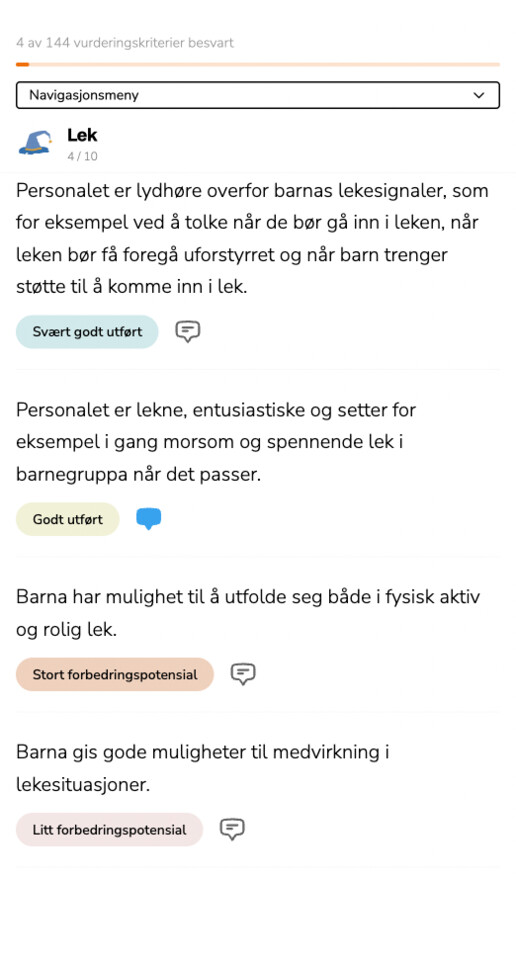 Observasjonsverktøyet på mobil — vurderingskriterier med Vurder-knapper