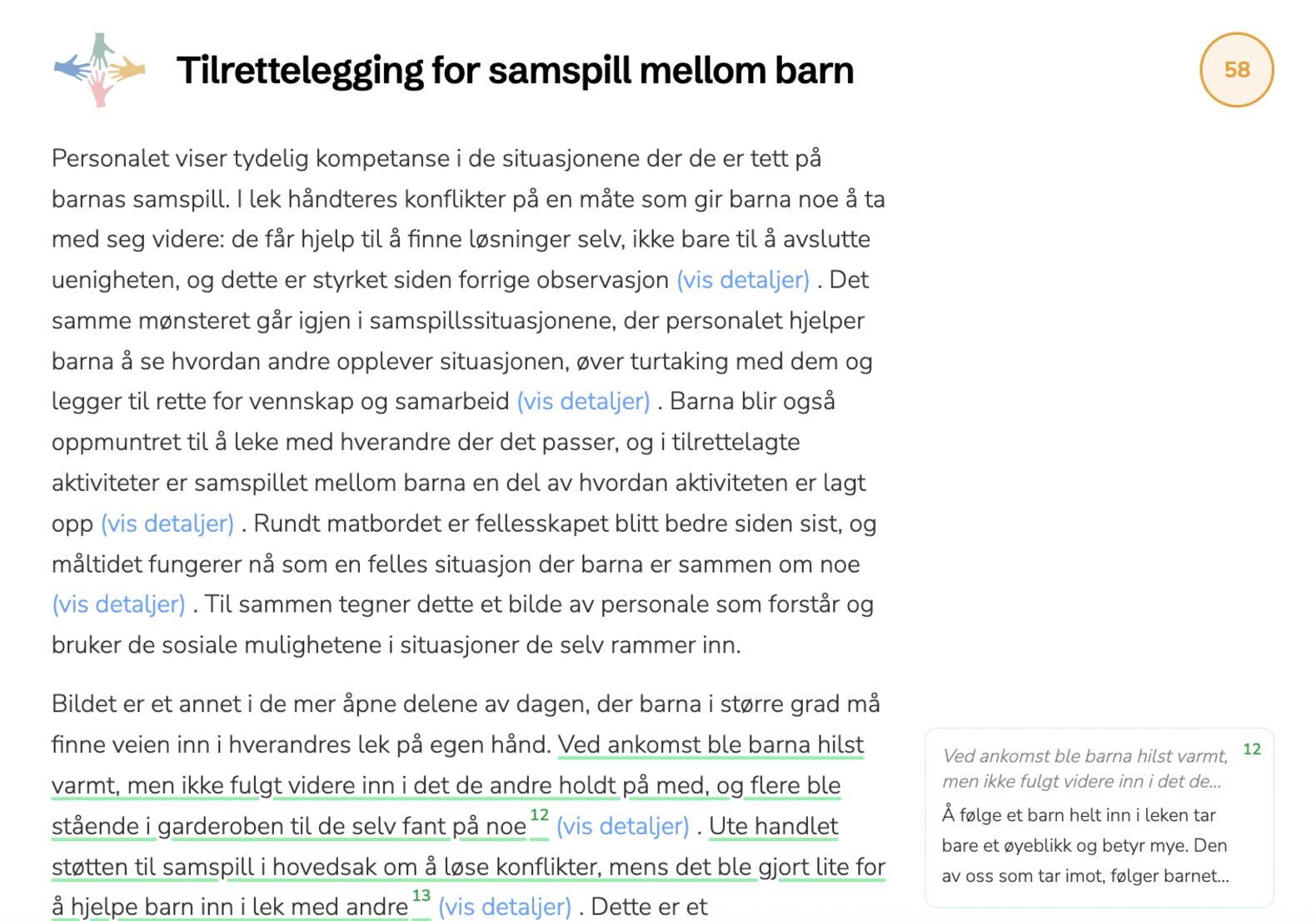 Skjermbilde av kvalitetsrapporten med setningsrefleksjoner